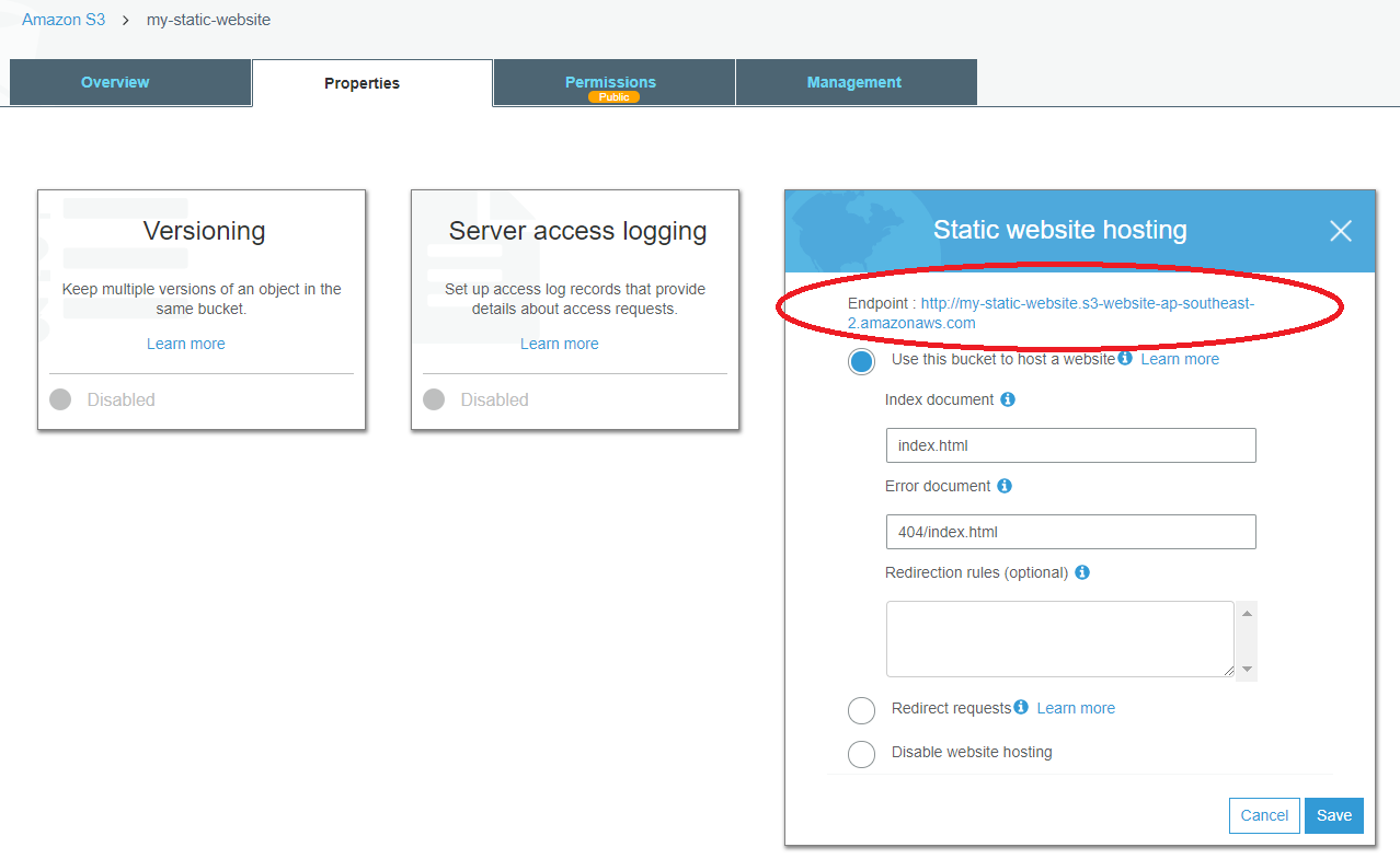 S3 show web hosting